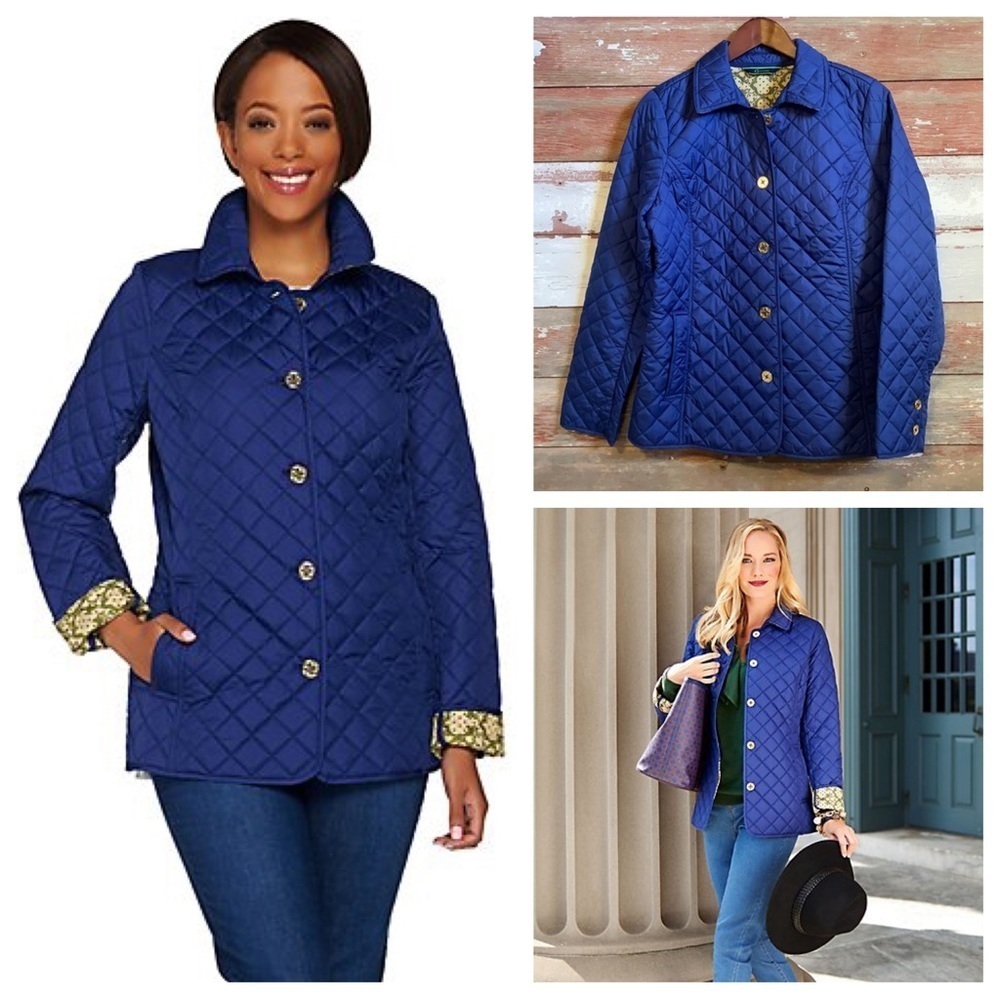 EUC Women’s C Wonder Navy Blue Quilted Parka Jacket w/ gold buttons Size Large
